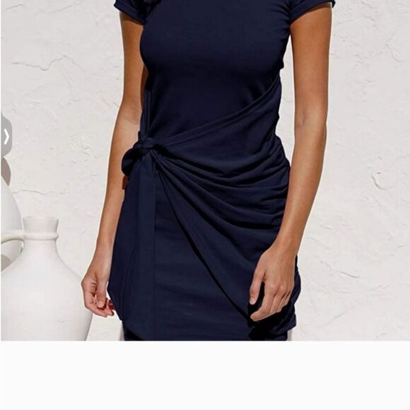 Navy drape tie waist short sleeve dress - Picture 1 of 4
